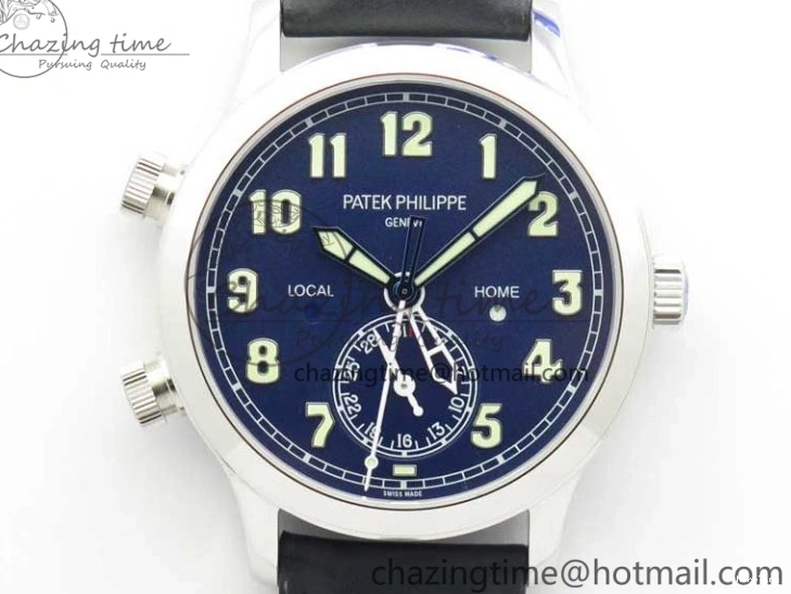 MIROTIME 0418 Practical Calatrava 5524 Pilot Travel Time SS GRF Blue Dial on Black Leather Strap A324 V 7107